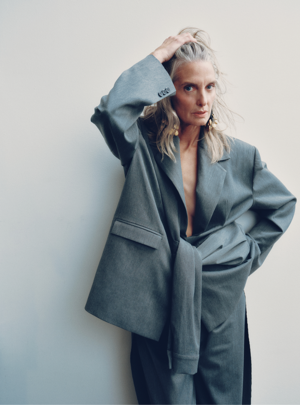 Grey Oversized Blazer with Sleeve Closure